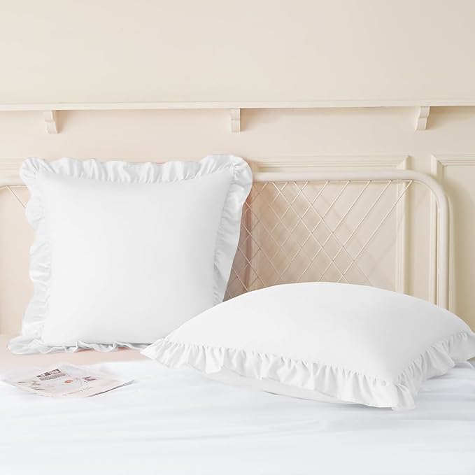 Ruffle Pillow Covers 26x26 Inch, White Square Ruffle Pillow Covers Set of 2, Microfiber Wrinkle-Resistant Pillow Covers with Envelope Closure for Sofa Bed Living Room