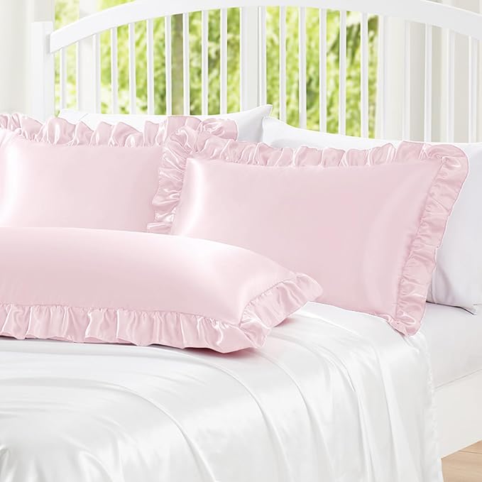 Homiest Ruffle Satin Pillowcase for Hair and Skin, Standard Size Satin Pillow Covers Silky Pillow Cases Set of 2, Satin Ruffled Pillowcase with Envelope Closure, Anti Wrinkle Pillow Shams (Blush Pink)