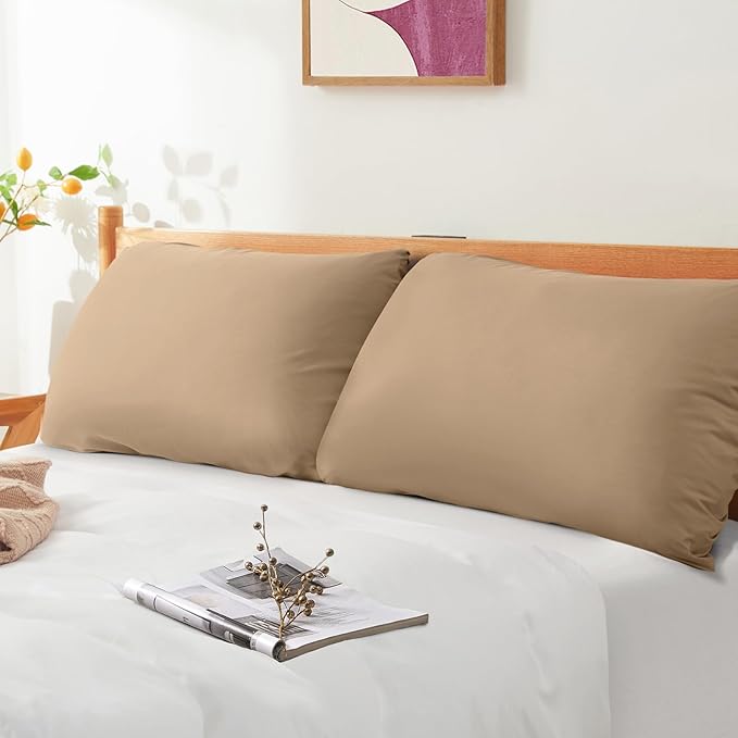 2-Pack Microfiber Pillowcases, Taupe Travel Elastic Bed Pillowcases, 1800 Thread Count Soft Pillowcases for Standard and Queen Pillows, 20 x 26 Inches