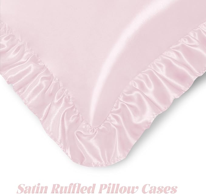 Homiest Ruffle Satin Pillowcase for Hair and Skin, Standard Size Satin Pillow Covers Silky Pillow Cases Set of 2, Satin Ruffled Pillowcase with Envelope Closure, Anti Wrinkle Pillow Shams (Blush Pink)