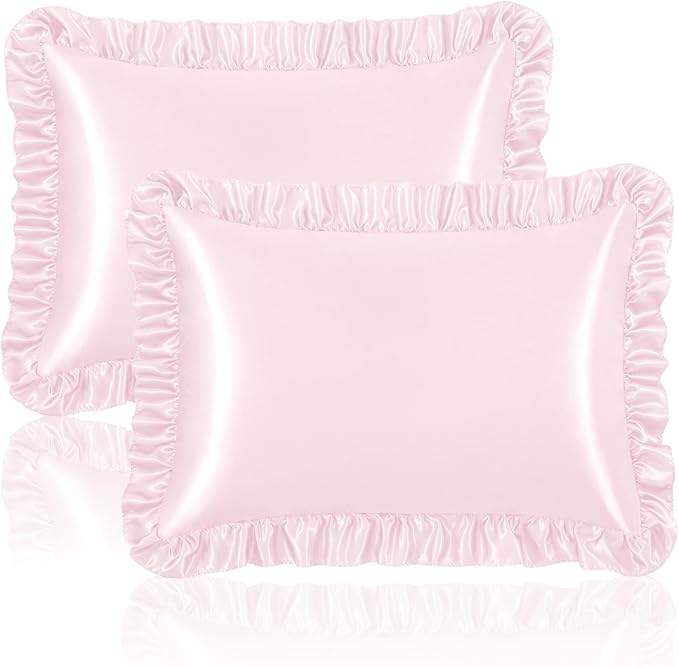 Homiest Ruffle Satin Pillowcase for Hair and Skin, Standard Size Satin Pillow Covers Silky Pillow Cases Set of 2, Satin Ruffled Pillowcase with Envelope Closure, Anti Wrinkle Pillow Shams (Blush Pink)
