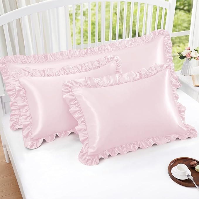 Homiest Ruffle Satin Pillowcase for Hair and Skin, Standard Size Satin Pillow Covers Silky Pillow Cases Set of 2, Satin Ruffled Pillowcase with Envelope Closure, Anti Wrinkle Pillow Shams (Blush Pink)