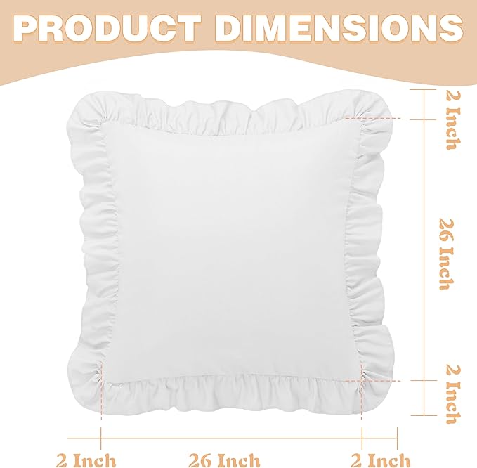 Ruffle Pillow Covers 26x26 Inch, White Square Ruffle Pillow Covers Set of 2, Microfiber Wrinkle-Resistant Pillow Covers with Envelope Closure for Sofa Bed Living Room