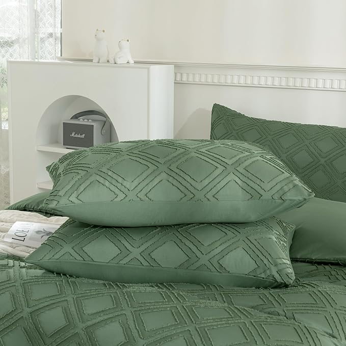 Pillowcases Standard Size Green 2-Pack Bohemian Plaid Bed Pillowcases 20x26 Inch Polyester Envelope Pillowcase Tufted Bohemian Texture (Pillows Not Included)