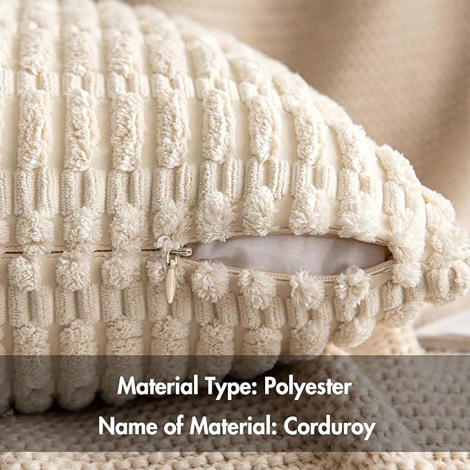 Two-Pack Corduroy Decorative Throw Pillow Covers 18x18 Inch Soft Bohemian Striped Pillow Covers Modern Farmhouse Home Decor for Sofa Living Room Sofa Bed Cream White