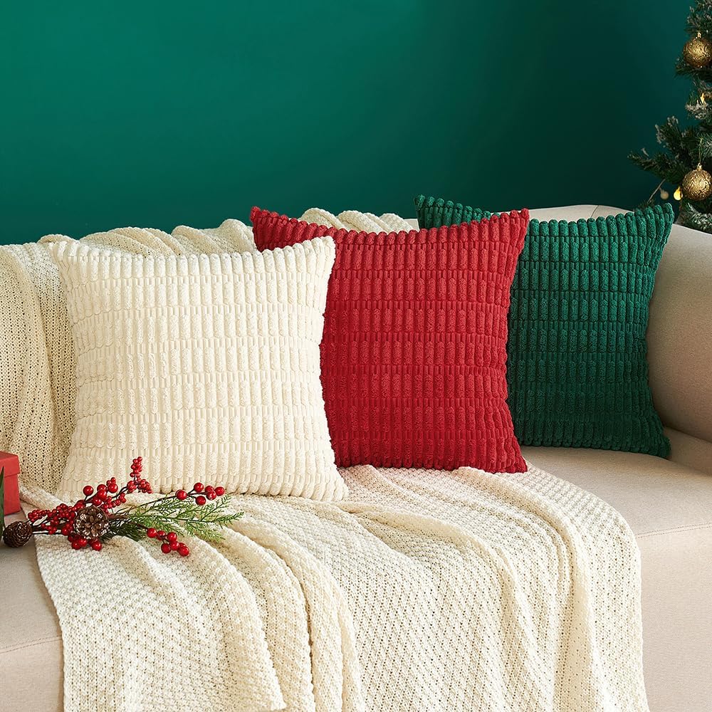Two-Pack Corduroy Decorative Throw Pillow Covers 18x18 Inch Soft Bohemian Striped Pillow Covers Modern Farmhouse Home Decor for Sofa Living Room Sofa Bed Cream White