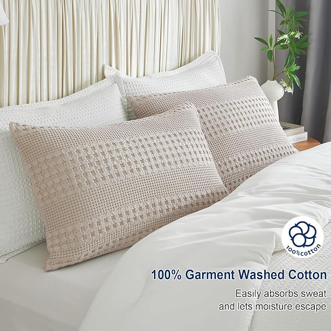 100% Cotton Waffle Pillowcase King Size, 2-Pack, 20" x 36", Soft, Skin-Friendly Pillowcase, No Filling, Beautiful and Breathable Woven Waffle Pillowcase for Bed, Oatmeal