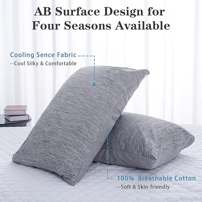 Cooling Pillowcase Zipper Pillowcases for Hot Sleepers, Soft, Breathable, Skin-Friendly, 2-Pack (Standard, 20" x 26", Gray)