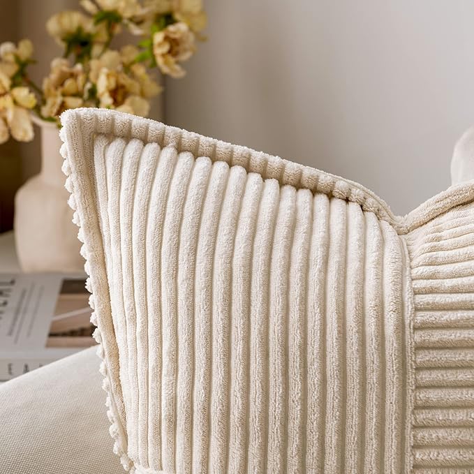 Decorative Throw Pillow Covers for Sofa Bed Living Room 18x18 Inch Set of 2 Beige Bohemian Decorative Throw Pillows with Wide Striped Soft Corduroy Pillow Covers