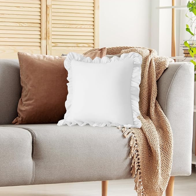 Ruffle Pillow Covers 26x26 Inch, White Square Ruffle Pillow Covers Set of 2, Microfiber Wrinkle-Resistant Pillow Covers with Envelope Closure for Sofa Bed Living Room