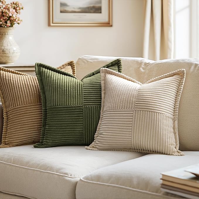 Decorative Throw Pillow Covers for Sofa Bed Living Room 18x18 Inch Set of 2 Beige Bohemian Decorative Throw Pillows with Wide Striped Soft Corduroy Pillow Covers