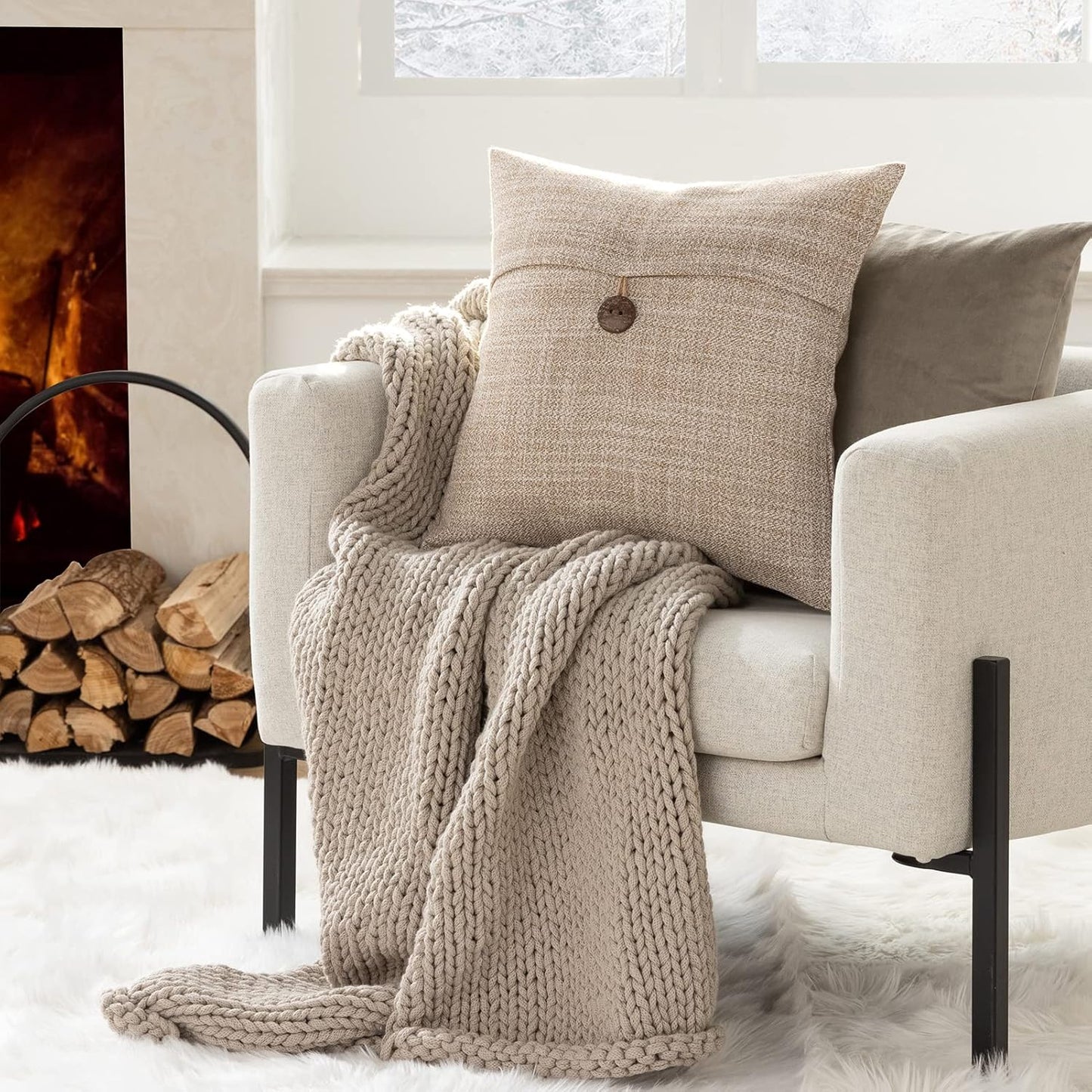 Set of 2 Decorative Throw Pillow Covers – Rustic Linen-Look Cushion Cases with Wooden Button Accent – 18 x 18 Inches / 45 x 45 cm