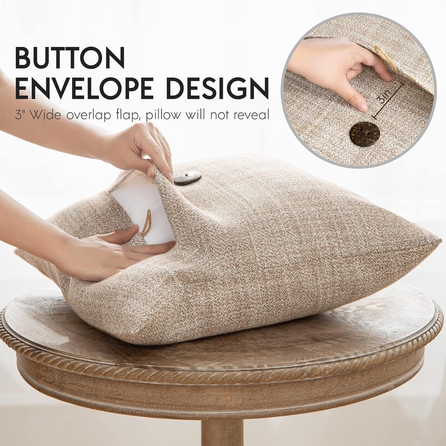 Set of 2 Decorative Throw Pillow Covers – Rustic Linen-Look Cushion Cases with Wooden Button Accent – 18 x 18 Inches / 45 x 45 cm