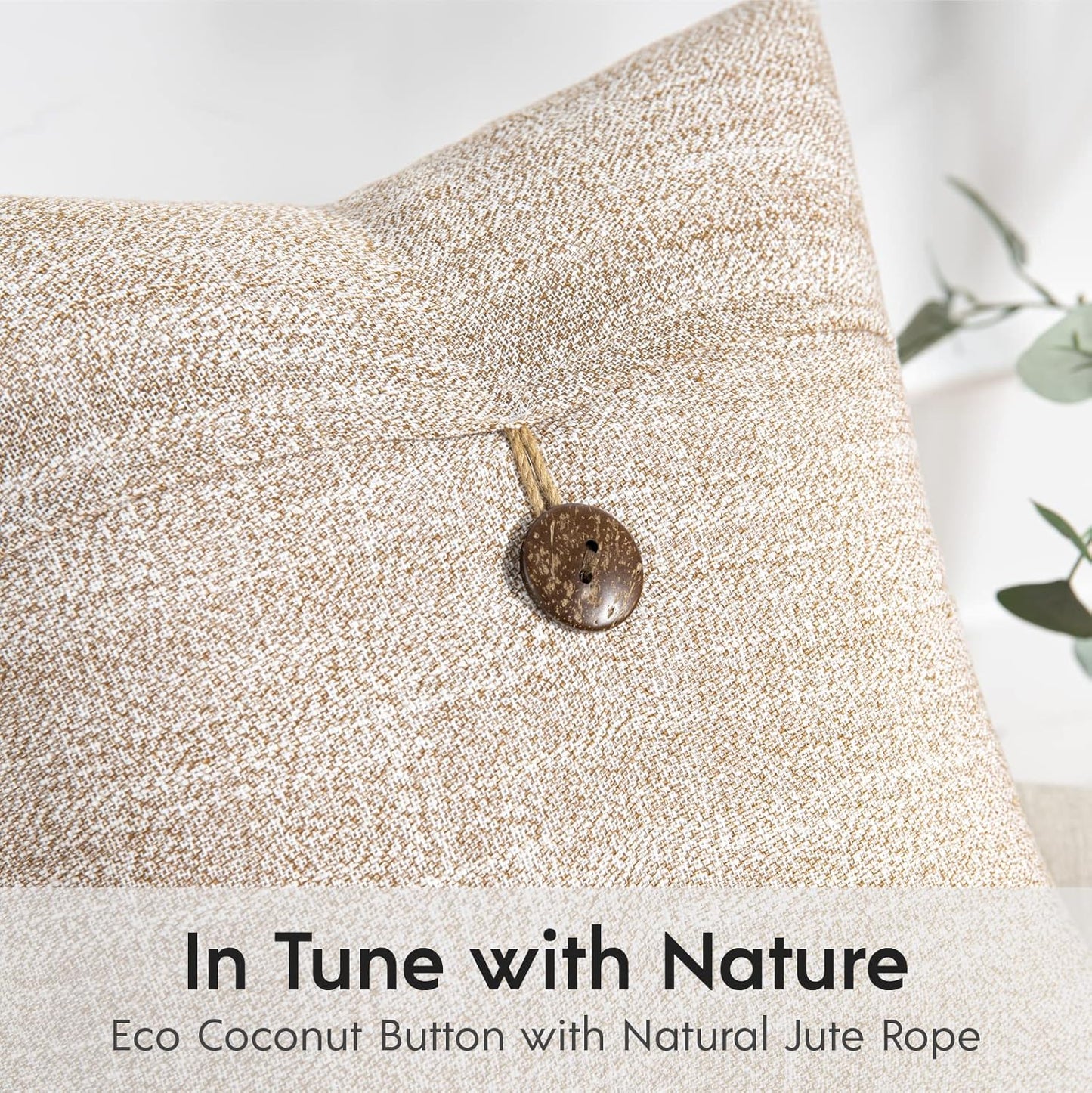 Set of 2 Decorative Throw Pillow Covers – Rustic Linen-Look Cushion Cases with Wooden Button Accent – 18 x 18 Inches / 45 x 45 cm