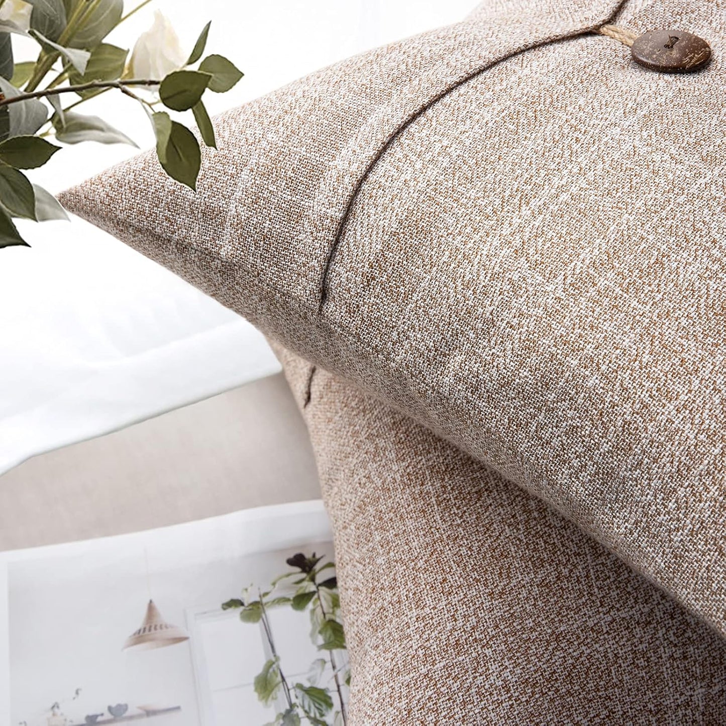 Set of 2 Decorative Throw Pillow Covers – Rustic Linen-Look Cushion Cases with Wooden Button Accent – 18 x 18 Inches / 45 x 45 cm