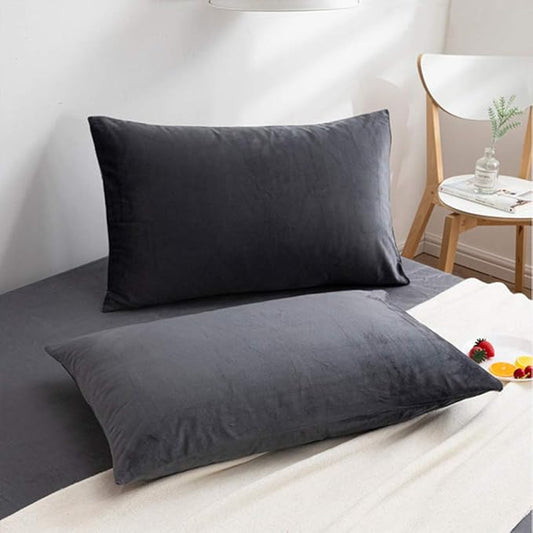 2-Pack Zippered Velvet Queen Pillowcases, Ultra Soft and Comfortable Luxurious Plush Flannel Pillowcases with Zipper, 20x30 Inches, Charcoal Gray