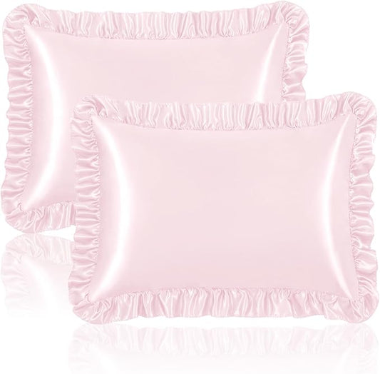 Homiest Ruffle Satin Pillowcase for Hair and Skin, Standard Size Satin Pillow Covers Silky Pillow Cases Set of 2, Satin Ruffled Pillowcase with Envelope Closure, Anti Wrinkle Pillow Shams (Blush Pink)