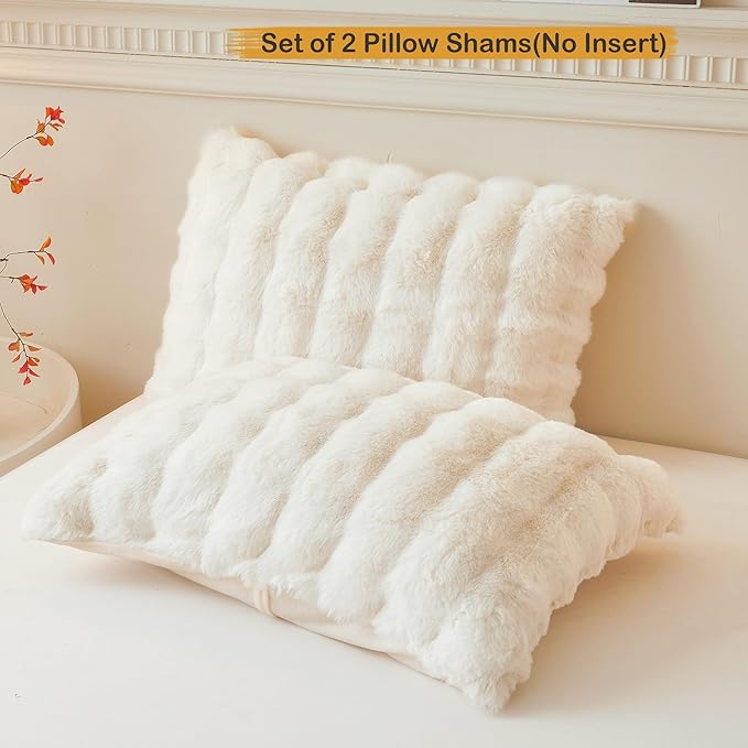2-Pack Fluffy Faux Rabbit Fur Pillowcases, Luxurious Soft Plush Fluffy Bubble Pillowcases, Standard Size, Zipper Closure, Furry Ivory Long Pillowcases, Suitable for Bedroom and Living Room, 20x26, Beige