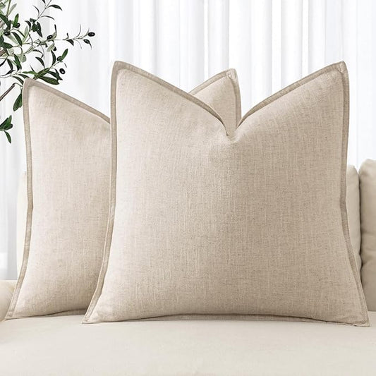 Decorative Linen Euro Pillow Cover 24x24 Natural Beige Bohemian Farmhouse Neutral Sofa Throw Pillow 2-Pack Modern Sofa Pillow Cover Living Room Home Decor