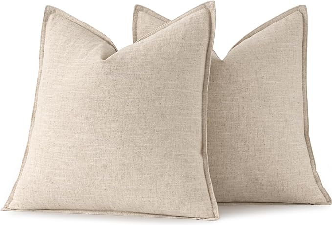 Decorative Linen Euro Pillow Cover 24x24 Natural Beige Bohemian Farmhouse Neutral Sofa Throw Pillow 2-Pack Modern Sofa Pillow Cover Living Room Home Decor