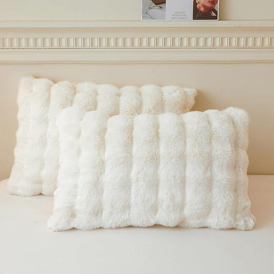 2-Pack Fluffy Faux Rabbit Fur Pillowcases, Luxurious Soft Plush Fluffy Bubble Pillowcases, Standard Size, Zipper Closure, Furry Ivory Long Pillowcases, Suitable for Bedroom and Living Room, 20x26, Beige