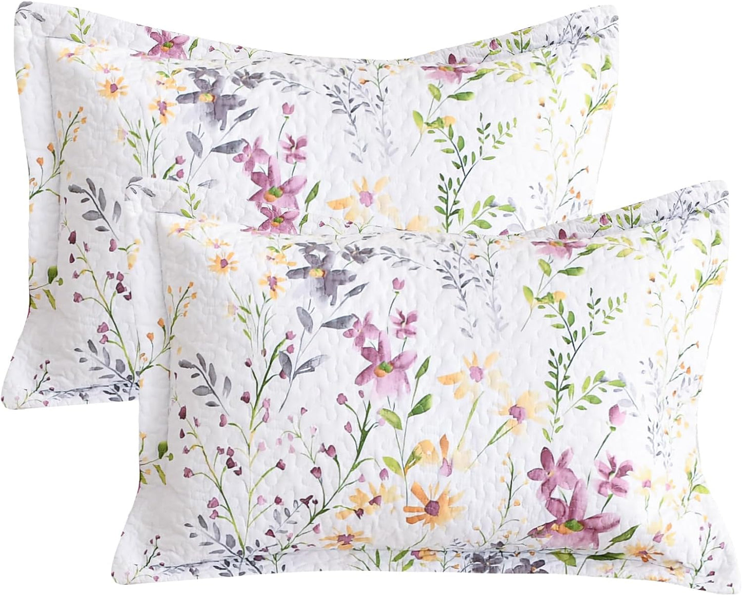 Cotton Queen Pillowcase Set of 2 (20" x 30"), Wildflower Print Quilted Bed Pillowcase, Envelope Closure Breathable Soft Pillowcase
