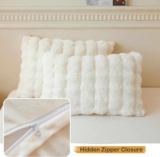 2-Pack Fluffy Faux Rabbit Fur Pillowcases, Luxurious Soft Plush Fluffy Bubble Pillowcases, Standard Size, Zipper Closure, Furry Ivory Long Pillowcases, Suitable for Bedroom and Living Room, 20x26, Beige