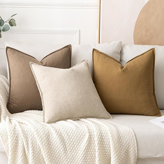 Decorative Linen Euro Pillow Cover 24x24 Natural Beige Bohemian Farmhouse Neutral Sofa Throw Pillow 2-Pack Modern Sofa Pillow Cover Living Room Home Decor
