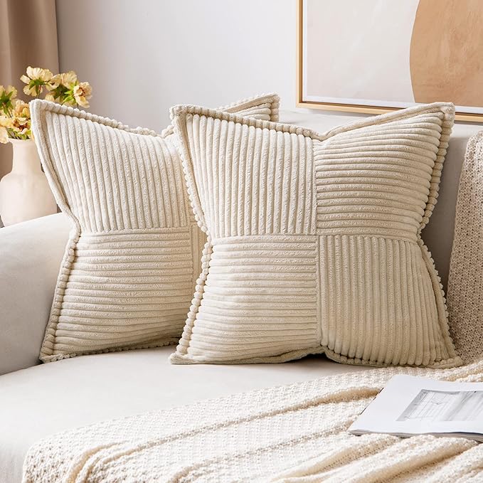 Decorative Throw Pillow Covers for Sofa Bed Living Room 18x18 Inch Set of 2 Beige Bohemian Decorative Throw Pillows with Wide Striped Soft Corduroy Pillow Covers