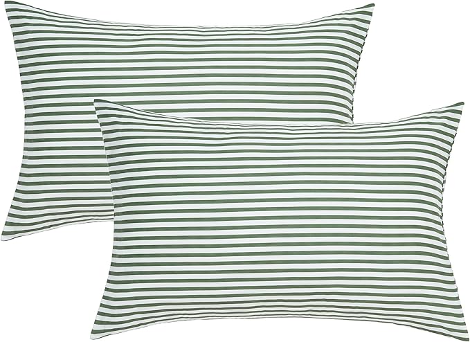 100% Natural Cotton Striped Standard Pillowcase Set, 2-Pack White and Green Striped Graphic Print Pillowcases with Envelope Closure (Pillows Not Included)