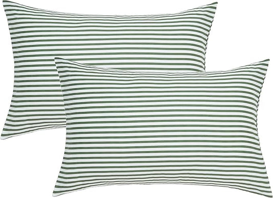 100% Natural Cotton Striped Standard Pillowcase Set, 2-Pack White and Green Striped Graphic Print Pillowcases with Envelope Closure (Pillows Not Included)