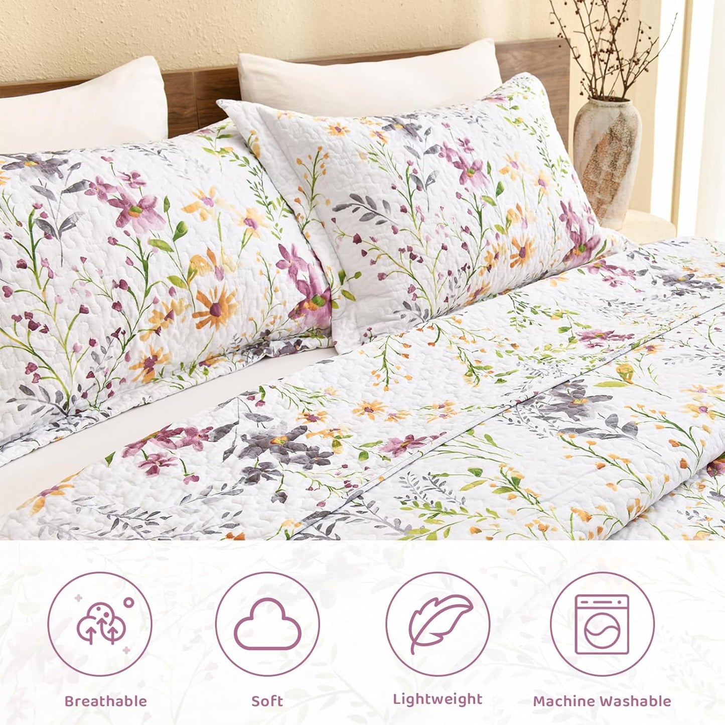 Cotton Queen Pillowcase Set of 2 (20" x 30"), Wildflower Print Quilted Bed Pillowcase, Envelope Closure Breathable Soft Pillowcase