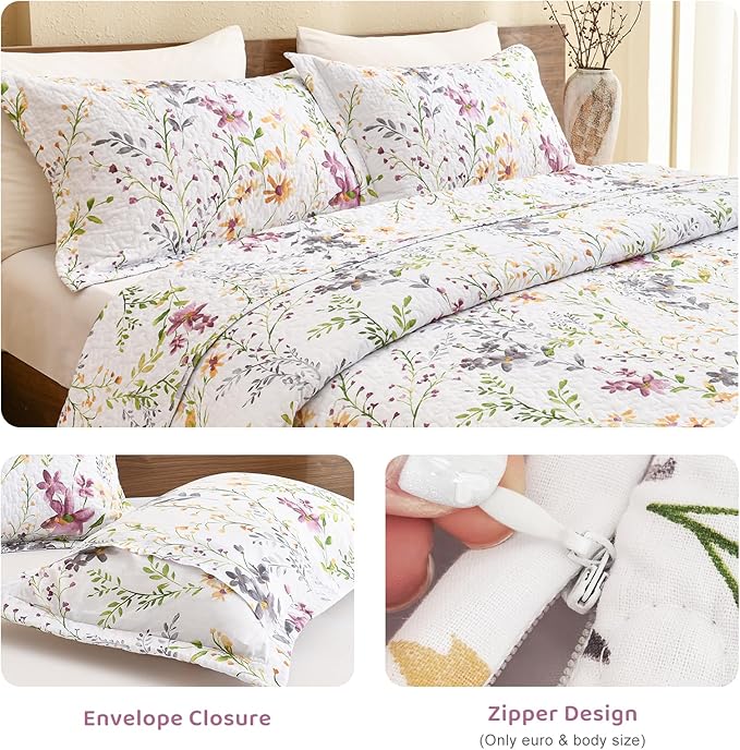 Cotton Queen Pillowcase Set of 2 (20" x 30"), Wildflower Print Quilted Bed Pillowcase, Envelope Closure Breathable Soft Pillowcase