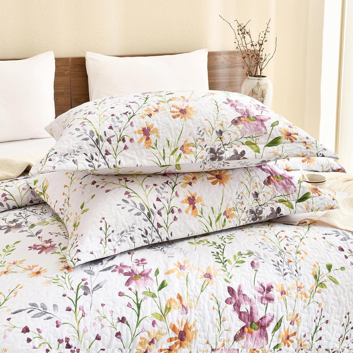Cotton Queen Pillowcase Set of 2 (20" x 30"), Wildflower Print Quilted Bed Pillowcase, Envelope Closure Breathable Soft Pillowcase