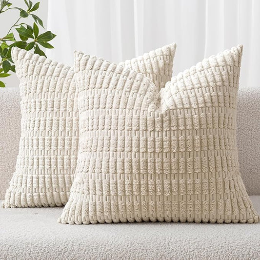 Two-Pack Corduroy Decorative Throw Pillow Covers 18x18 Inch Soft Bohemian Striped Pillow Covers Modern Farmhouse Home Decor for Sofa Living Room Sofa Bed Cream White