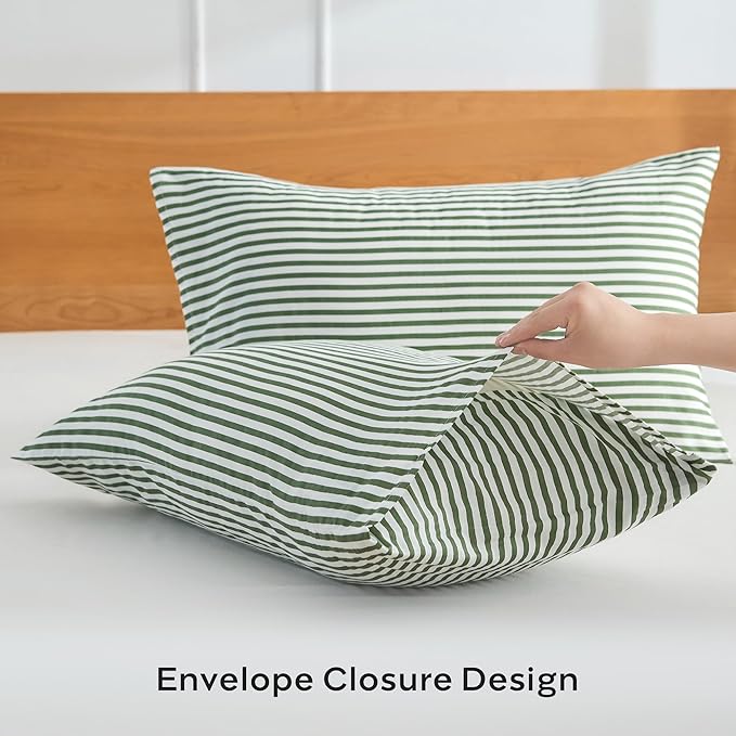 100% Natural Cotton Striped Standard Pillowcase Set, 2-Pack White and Green Striped Graphic Print Pillowcases with Envelope Closure (Pillows Not Included)