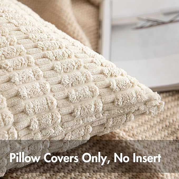 Two-Pack Corduroy Decorative Throw Pillow Covers 18x18 Inch Soft Bohemian Striped Pillow Covers Modern Farmhouse Home Decor for Sofa Living Room Sofa Bed Cream White