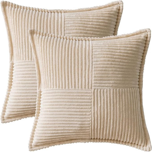 Decorative Throw Pillow Covers for Sofa Bed Living Room 18x18 Inch Set of 2 Beige Bohemian Decorative Throw Pillows with Wide Striped Soft Corduroy Pillow Covers