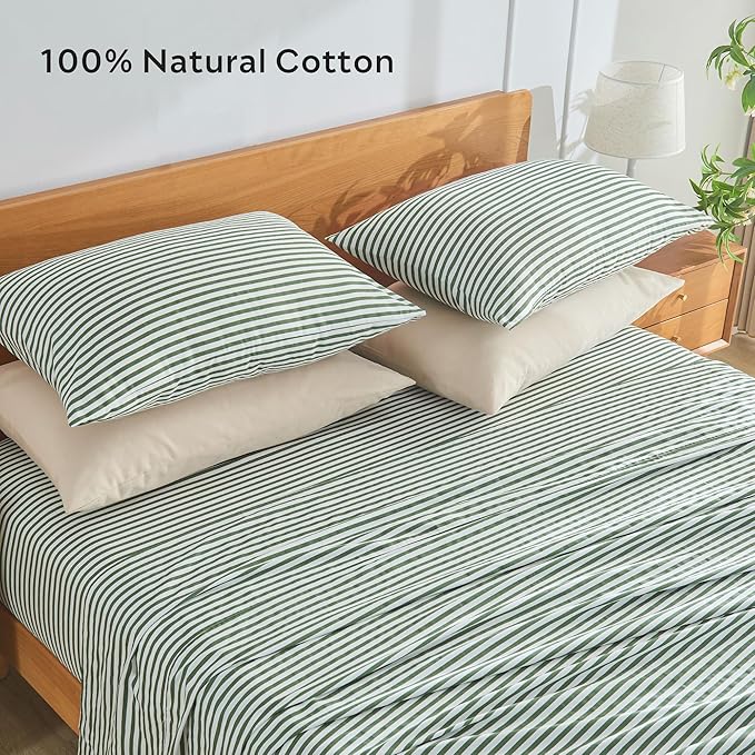 100% Natural Cotton Striped Standard Pillowcase Set, 2-Pack White and Green Striped Graphic Print Pillowcases with Envelope Closure (Pillows Not Included)
