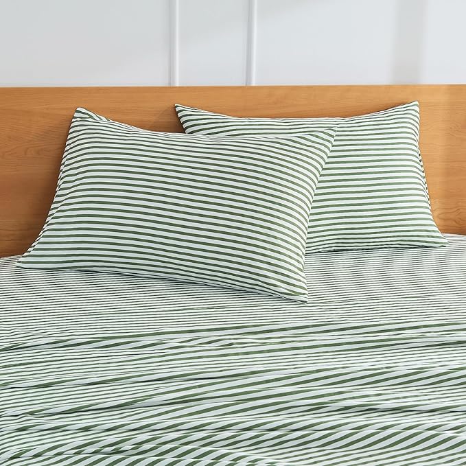 100% Natural Cotton Striped Standard Pillowcase Set, 2-Pack White and Green Striped Graphic Print Pillowcases with Envelope Closure (Pillows Not Included)
